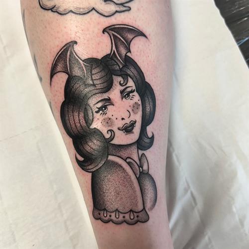 bat lady dotwork stippling black and grey pepper shading calf tattoo