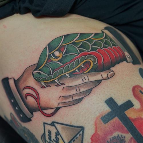 hand shake snake trust tattoo