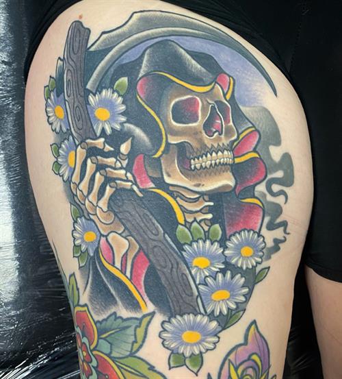 neo traditional daisy reaper thigh tattoo