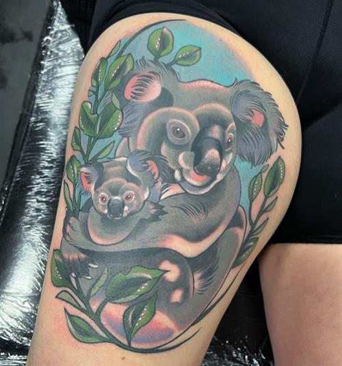 neotraditional koala family mother joey thigh tattoo