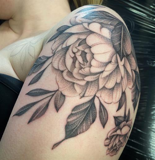 black and grey fine line peony shoulder tattoo