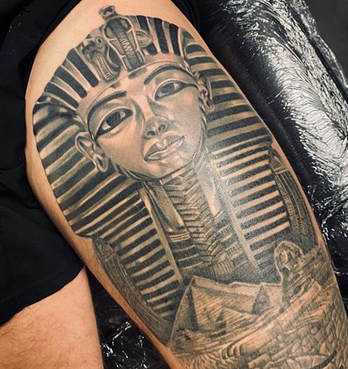 black and grey realism leg sleeve tutankhamun tattoo
